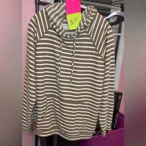 Plus Size Striped Hooded Pullover Long Sleeve Tee - Tan & White
